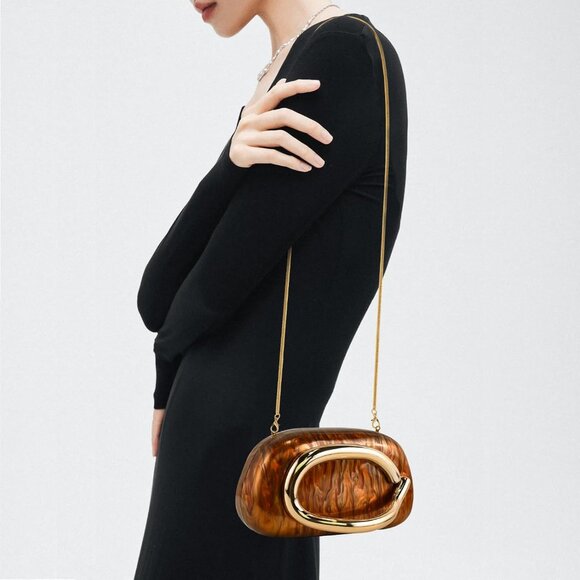 Womens Brown Marble Evening Formal Clutch Trendy Shoulder Metal Strap Handle Bag - Picture 4 of 7